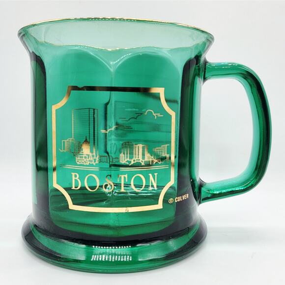 Vtg Culver Boston City Skyline Green Gold Glass Mug with "BOSTON" Made in USA - Picture 3 of 9